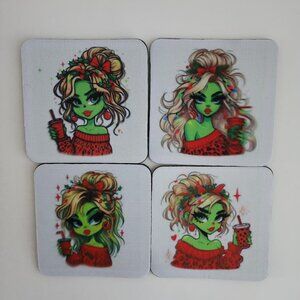 Grinch Diva  4x4 Inch Square Mat Rubber Fabric Coasters